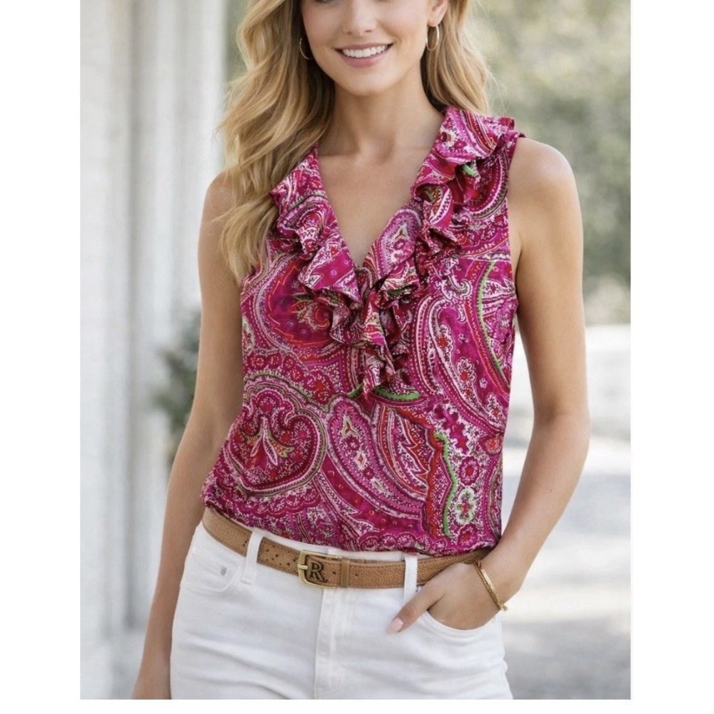 Lauren Ralph Lauren Paisley‎ Ruffle Sleeveless Blouse Pink Cotton Petite Small